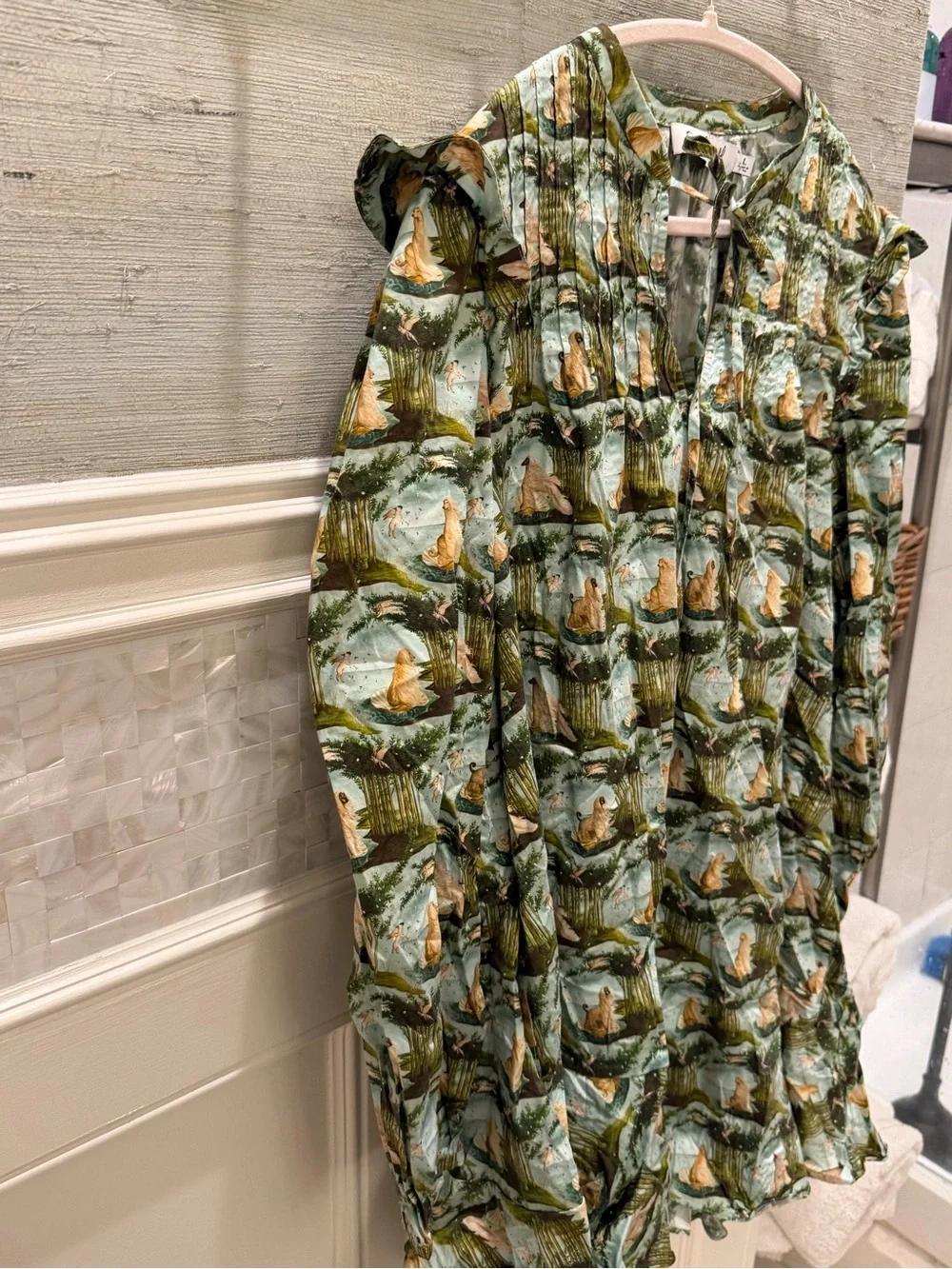 Large Rachel Antonoff Laura pleated mini dress dog pattern Green Long-Sleeve